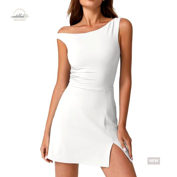 Dresses & Skirts - One Shoulder Tennis Dress with Built-in Shorts and Pockets, Athletic Mini Dress